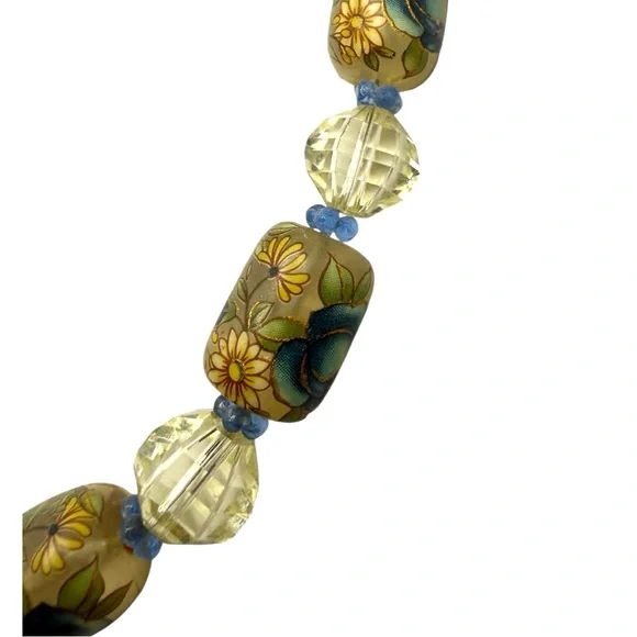 Vintage Hand-Painted Art Glass Necklace w/ 14K Gold Clasp-Length 19”